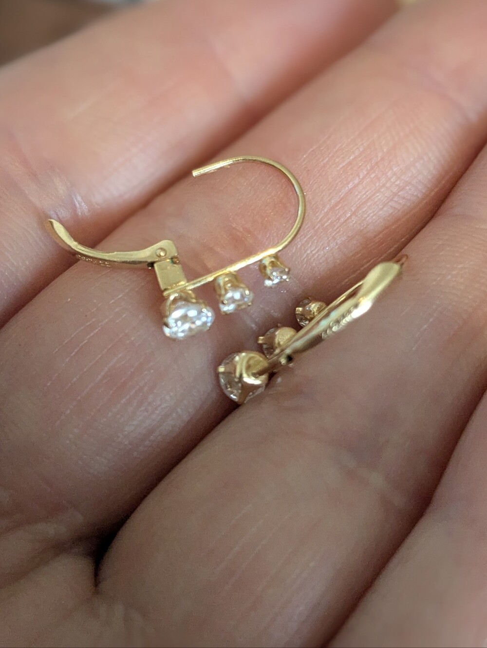 14k Yellow Gold 3 CZ Stone Diamond Simulant Drop Huggie Earrings - Picture 9 of 13